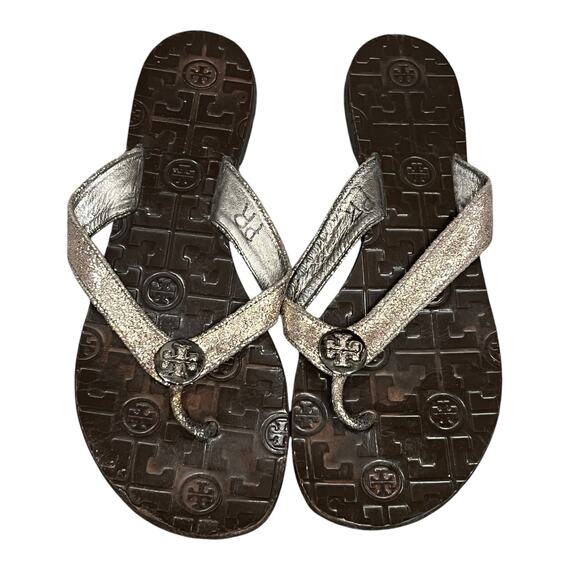 Tory Burch Thora Thong Sandal 9 Brown Glitter Leather Flip Flops Logo Medallion - Picture 3 of 16